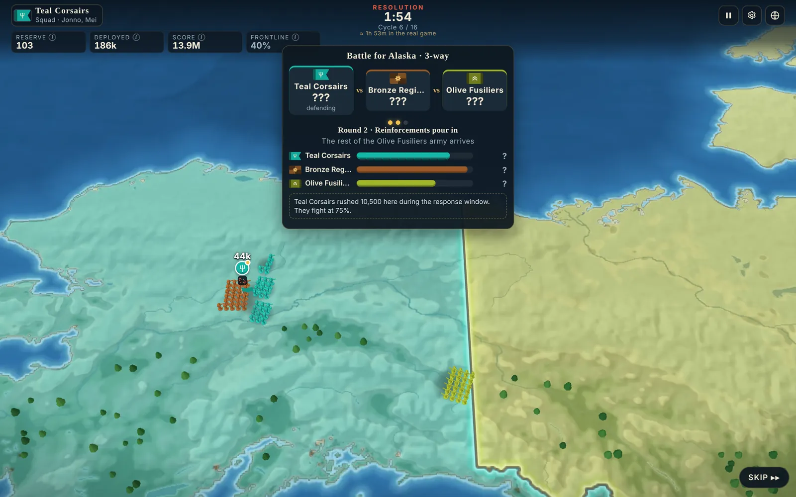 A three-way battle for Alaska in its second round, with the troop counts still hidden