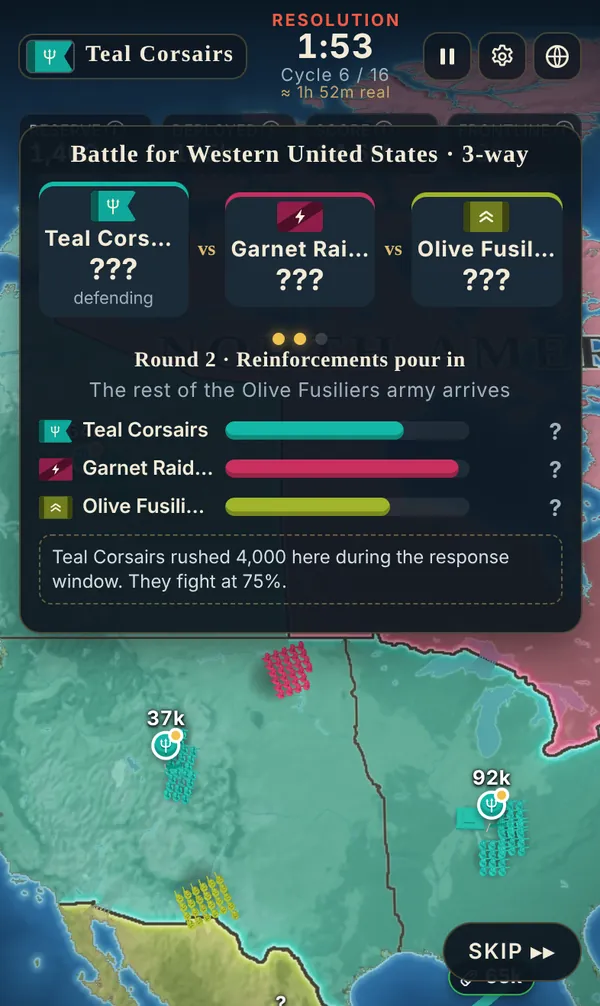 Phone: a three-way battle in round two with the troop counts still hidden