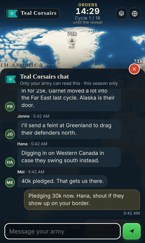 The in-game army chat for Teal Corsairs: players coordinating a rally on Alaska, a feint at Greenland and a defence of Western Canada