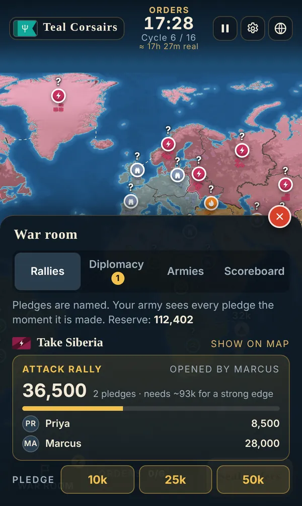 Phone: the war room with an open attack rally, named pledges and pledge buttons