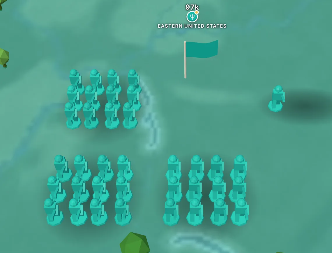 Close-up of the game board: teal troop pieces in formation on Eastern United States beside the army's flag, with 97k shown above
